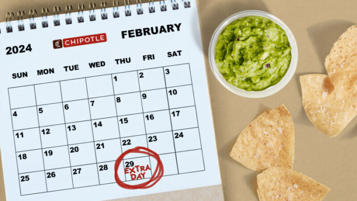 Chipotle is celebrating Leap Day on February 29 with a free guac offer* for Chipotle Rewards members who use code EXTRA24 at checkout on the Chipotle app and Chipotle.com. (PRNewsfoto/Chipotle Mexican Grill)