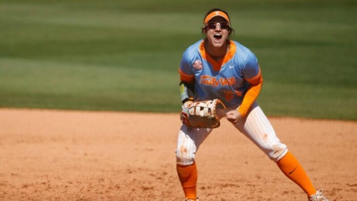 KNOXVILLE, TN - April 21, 2024 - Outfielder/Infielder Giulia Koutsoyanopulos #27 of the Tennessee Lady Volunteers during the game between the LSU Tigers and the Tennessee Lady Volunteers at Sherri Parker Lee Stadium in Knoxville, TN. Photo By Ian Cox/Tennessee Athletics